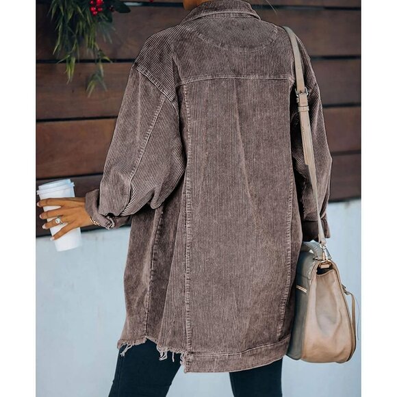 Womens Brown Oversized Corduroy Shirt Jacket Casual Button Down Retro - Picture 2 of 4
